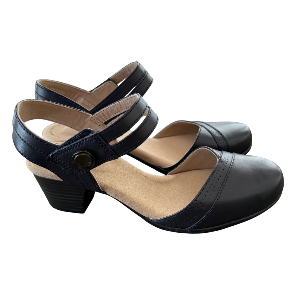 New Clarks Collection Navy Blue Leather Mary Jane Block Heel Pumps 6.5W